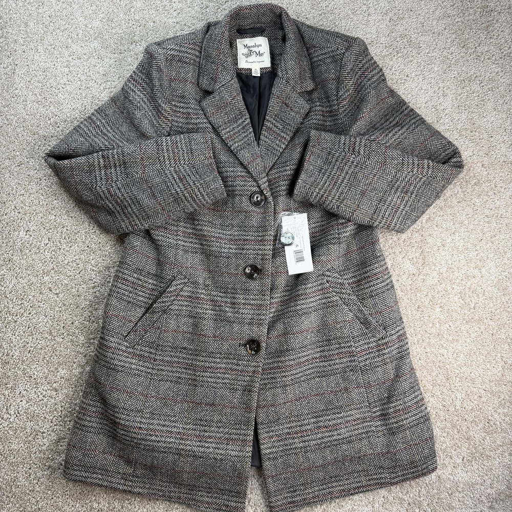 Maralyn & Me Coat Womens XL Gray Plaid Tweed Collared Lined Mid Length